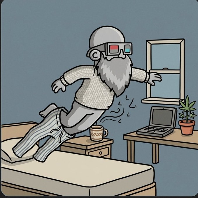 A cartoon illustration of an elderly bearded man wearing 3D glasses, sprinting across a bed towards a window while wearing striped pajama pants, with a laptop and plant on a nearby desk.