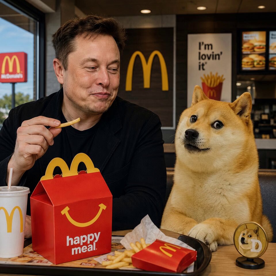 The image features an adult male sitting at a table with a dog, both of them enjoying a meal together. The man has a box of Happy Meals in front of him, while the dog sits next to him. In the background, there is a McDonald's sign and a poster for "I'm Lovin' It." This suggests that the image might be related to a post about the famous tech mogul offering to eat a Happy Meal on live TV if McDonald's accepted Dogecoin. The presence of these elements in the image adds an interesting twist to the scene, as it combines the casual dining experience with the humorous and unexpected element of a dog sitting at a table with its owner during their mealtime.