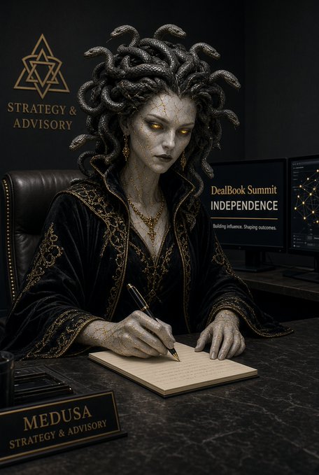 A digital artwork depicts a Medusa-like figure with snake hair and golden eyes, wearing a dark robe with gold embroidery, writing at a desk labeled 'MEDUSA STRATEGY & ADVISORY' with monitors showing 'DealBook Summit INDEPENDENCE' in the background.