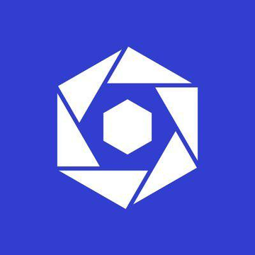 A blue square logo featuring a white geometric design resembling an aperture or camera shutter.