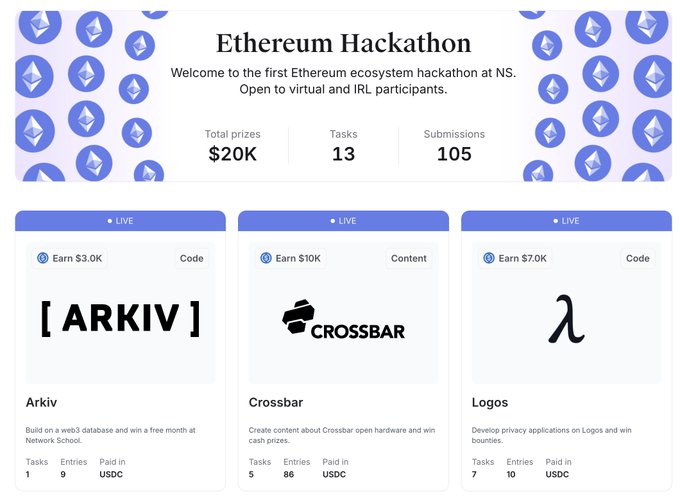 Etherium Hackathon website features a blue header with white text, displaying the event's title and details for participants to enter their names and submit their projects.