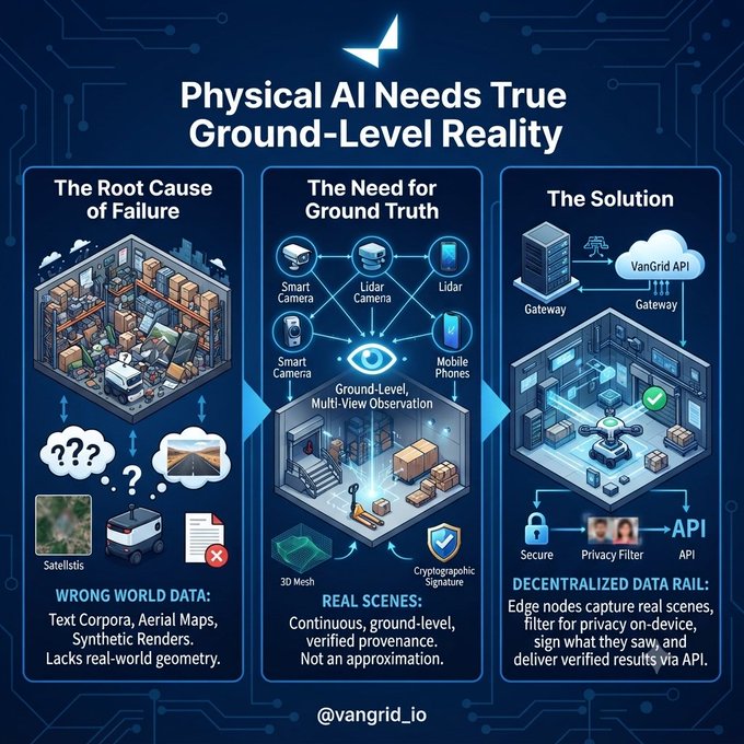 An infographic titled "Physical AI Needs True Ground-Level Reality" by @vangrid_io explains how decentralized data rail and ground-truth observation via smart cameras, lidar, and mobile phones can solve failures caused by synthetic world data.