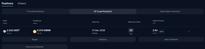 Screenshot of a financial dashboard displaying active positions, including debt value of 2.242 USDT, collateral of 0.010 WINB, maturity on 31 Mar, 2026, and a health factor of 2.64 SAFE.