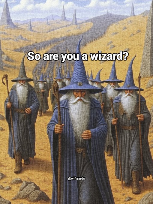 A meme featuring wizard characters resembling Gandalf from Lord of the Rings walking in a desert, with the text 'So are you a wizard?' and a watermark '@wifizards'.