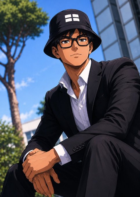The image features a man wearing glasses and a suit sitting down with his hands resting on his knees. The man appears to be dressed for work or a formal event, as he is wearing a hat that has a logo on it. The background of the image shows trees in the distance, suggesting an outdoor setting.