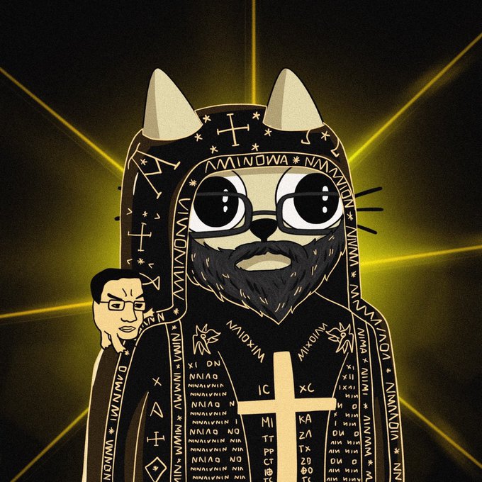 A cartoon cat wearing an ornate black robe covered in mystical symbols (crosses, runic text, and Greek lettering like "IC XC" and "MNMO") holds a small bearded man's head, set against a glowing yellow starburst background—fitting the post's vibe of a fresh, mystical "$CETS" meme coin.