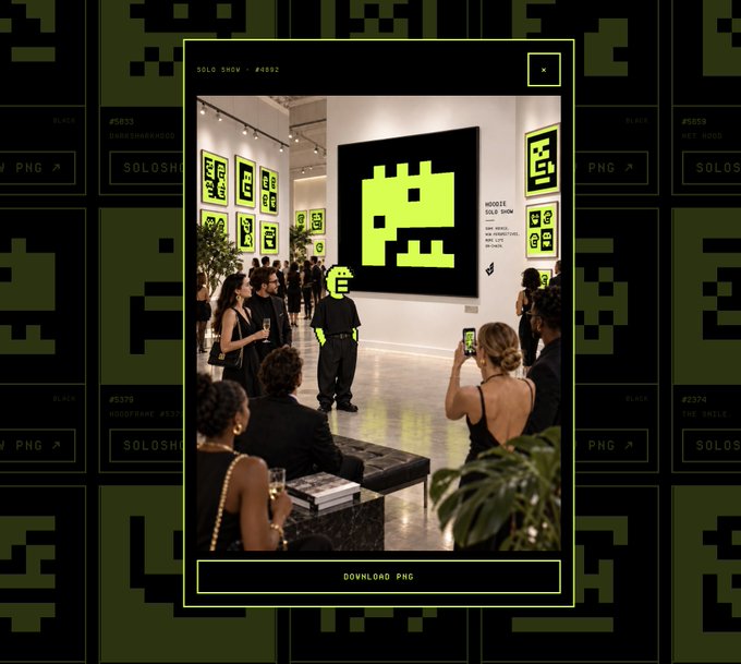 A gallery scene featuring pixelated green alien art with text including 'SOLO SHOW #4892', 'MODULE', 'SOLD OUT', and a 'DOWNLOAD PNG' button.