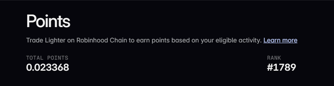 A Robinhood Chain points dashboard showing a total of 0.023368 points with a rank of #1789 for trading activity.
