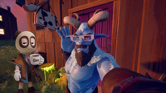 Two 3D animated characters stand outside a wooden cabin: a panda-like figure holding a mug labeled "Gm" and a blue-skinned horned creature wearing glasses and holding a teacup.