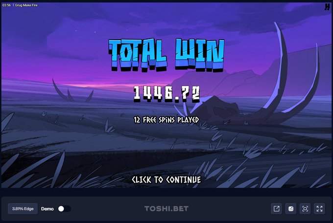 The image shows a "TOTAL WIN" screen from the game "Grug Make Fire" displaying a win of 1446.72 from 12 free spins played, with a "Click to Continue" prompt at the Toshi.bet casino (3.81% Edge, Demo mode). It illustrates the user's excitement about finding a new gambling game and winning, supporting their post about sharing rewards with others who drop their SOL addresses.