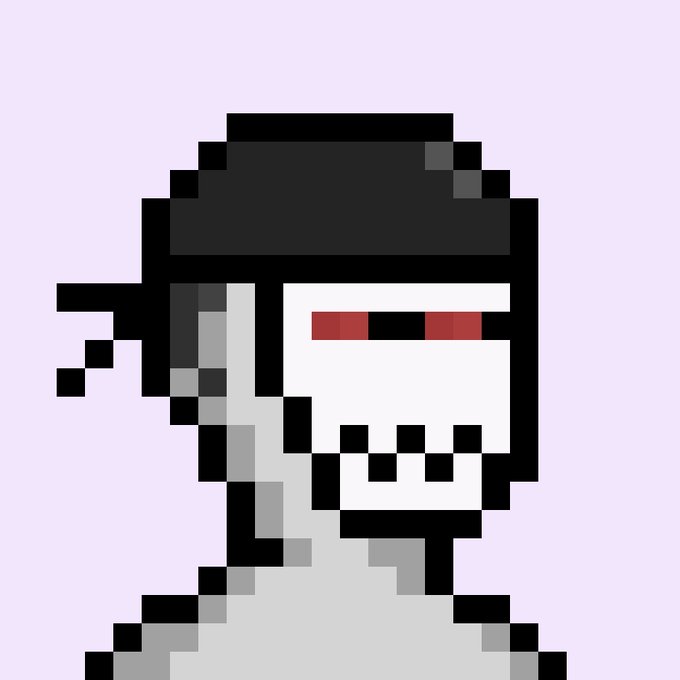 A pixel art illustration of a skeletal figure with glowing red eyes and a wide, toothy grin against a light purple background.