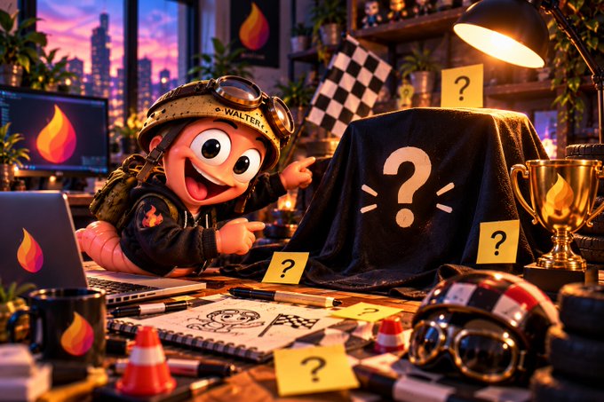 A cheerful cartoon worm character wearing a "WALTER" helmet excitedly points at a mysterious cloth-covered object surrounded by floating question marks, pencils, and a gold trophy—capturing the suspense of "An announcement about tomorrow's announcement!"