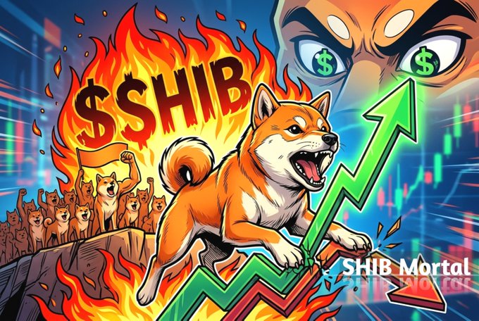 A fiery Shiba Inu mascot charges atop a soaring green price chart beside bold "$SHIB" flames, while a horde of Shiba supporters rallies below and dollar-sign eyes gleam above—visually capturing the post's rallying cry of unshaken whale conviction and accumulation ahead of a breakout. Watermarked "SHIB Mortal."