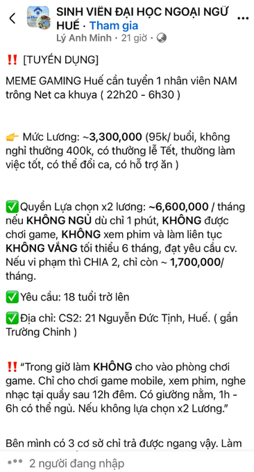 A Vietnamese Facebook job posting from 'SINH VIÊN ĐẠI HỌC NGOẠI NGỮ HUẾ' recruiting a male employee for an overnight shift at a meme gaming café in Hue, offering a base salary of ~3,300,000 VND or an option of x2 salary.