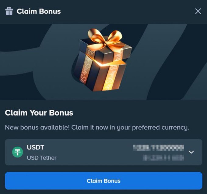 The image shows a "Claim Bonus" pop-up from Stake featuring a gift box and a USDT (USD Tether) bonus claim option, though the bonus amount is blurred out. This appears to be related to the post's promotion, likely showing the bonus being awarded to the winner of the "guess my Stake weekly" contest.