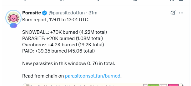 A screenshot of a tweet from @parasitedotfun showing a burn report from 12:01 to 13:01 UTC, detailing that 70K of $SNOWBALL, 20K of $PARASITE, 4.2K of Ouroboros, and 39.35 of PAID were burned, with 76 new parasites in the window. This illustrates the project's unique feature where transactions burn not only the platform token $PARASITE but also corresponding amounts of the host token paired in the pool.
