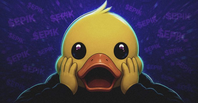 A digital illustration of a shocked yellow duck with hands on its cheeks, set against a dark blue background covered with '$EPIK' text watermarks.