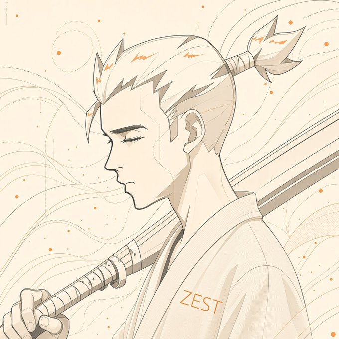An anime-style illustration depicts a stoic warrior in profile view with a topknot hairstyle, carrying a sword over his shoulder, with the word "ZEST" signed in orange at the bottom. The image serves as a symbolic avatar for the post's contemplation on market optimism ("牛回" / bull market returning) contrasting with the writer's anxiety over missing early positions—they admire disciplined investors who bought during mispricing and held through dark times, prompting deeper reflection on conviction and timing.