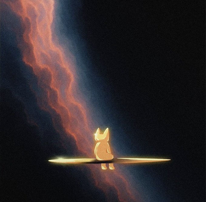 A minimalist digital illustration of a glowing white fox-like figure sitting on a small illuminated disc, with a flowing stream of orange and red light in the dark background.