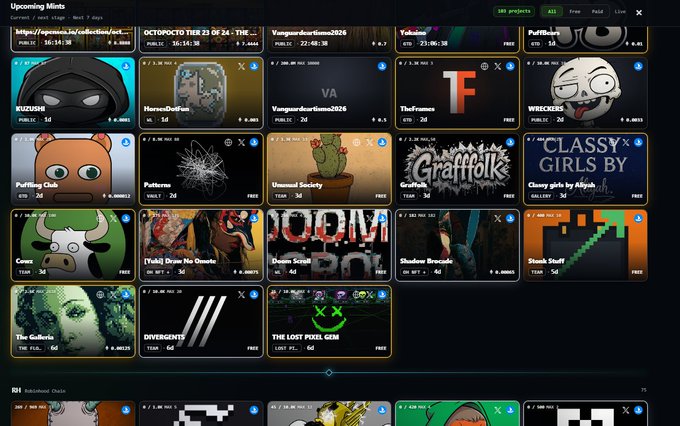A gallery interface titled "Upcoming Mints" displaying a grid of NFT project thumbnails, including "Puffing Club," "Graffiti," and "Sloth Stuff".