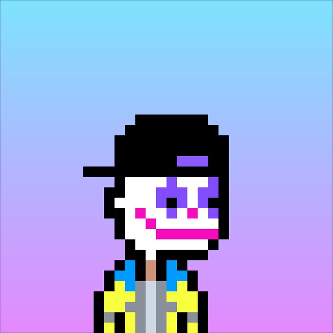 A pixel art portrait of a character with black hair and a black cap, wearing a colorful yellow, blue, and pink outfit against a blue and purple gradient background.