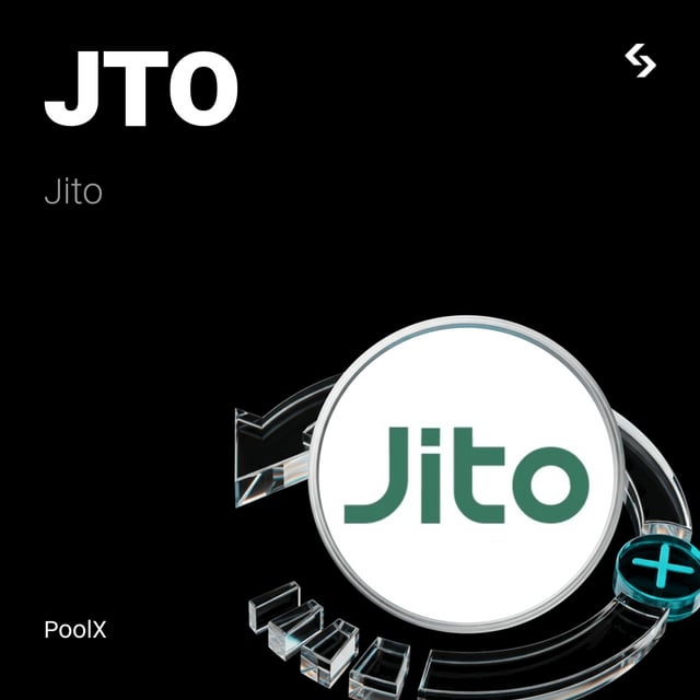 The image features a white logo with green text that reads "Jito" and "lock bgsol". The logo is surrounded by various glass objects, including a glass circle containing a silver coin inside of it. The background of the image is black, which contrasts with the white logo and makes it stand out more prominently. The post also mentions that there are 35,000 JTOs available for an Airdrop, suggesting that users can potentially receive these digital assets as gifts or rewards from Bitget PoolX.