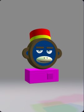 A 3D-rendered toy figure of a blue monkey wearing a red and yellow cap, sitting on a pink box.