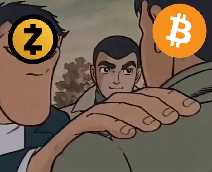A cartoon image showing a man in the center with a Zcash (ZEC) logo on one figure's head and a Bitcoin (BTC) logo on the other.