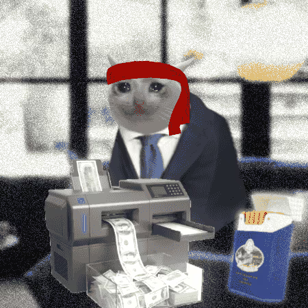 A surreal AI-generated image depicting a cat wearing a red headscarf and suit, sitting at an office printer that is producing sheets of money, with a McDonald's-style fry box beside it.