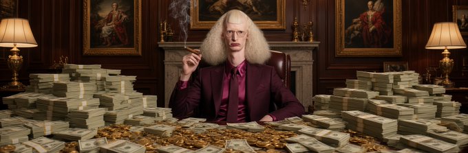 A man with a long white wig and round glasses, dressed in a burgundy suit, sits behind a desk covered in stacks of cash and gold coins while holding a cigar.