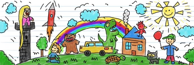 A cheerful, hand-drawn doodle depicts a whimsical scene featuring a princess on a castle tower, a rocket, a dinosaur, a teddy bear, a truck, a rainbow, a smiling sun, a boy with a red balloon, a turtle, and a black cat — creating a playful, childlike atmosphere that fits the giveaway theme for @KidStoryHood. The artwork serves as a vibrant, kid-friendly backdrop to promote the 10x GTD spot giveaway contest, matching the fun and youthful brand of the account.