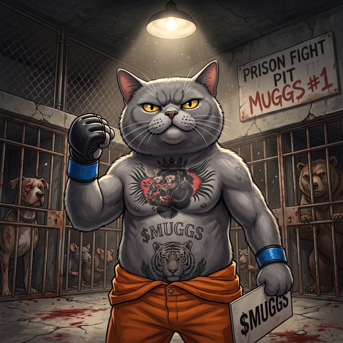 An anthropomorphic, muscular gray cat wearing orange pants and a $MUGGS tattoo stands defiantly in a prison fight pit, embodying the "cage feared me" sentiment of the accompanying post. The background features caged animals and a sign reading "PRISON FIGHT PIT $MUGGS #1."