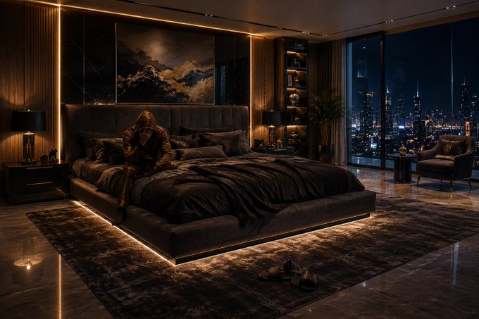 A hooded figure sits on a luxurious dark bedroom platform bed in a modern high-rise suite, with floor-to-ceiling windows revealing a sprawling city skyline at night, illuminated by ambient gold lighting.

The moody, opulent setting with its eagle-motif backdrop and commanding nighttime city view reflects the "Top of the morning" sentiment — evoking a powerful, elevated start to the day from a luxurious perch above the world.