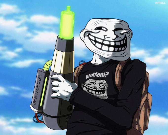A cartoon Trollface character wearing a "problem?" t-shirt holds a large sci-fi weapon labeled "GREEN CANDLES" with a glowing green candle-shaped projectile, visually symbolizing bullish price momentum for the $TROLL memecoin's rise on the $SOL blockchain.