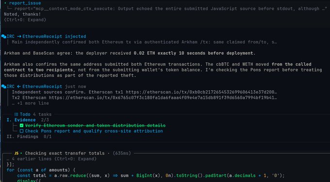 A chat interface displays a fraud investigation where a user traces 0.02 ETH (~$63) stolen via a phishing email, confirming the transaction on Etherscan through Arkham and BaseScan, with the AI agent cross-referencing cBTC and WETH distributions to identify connections to other thefts.