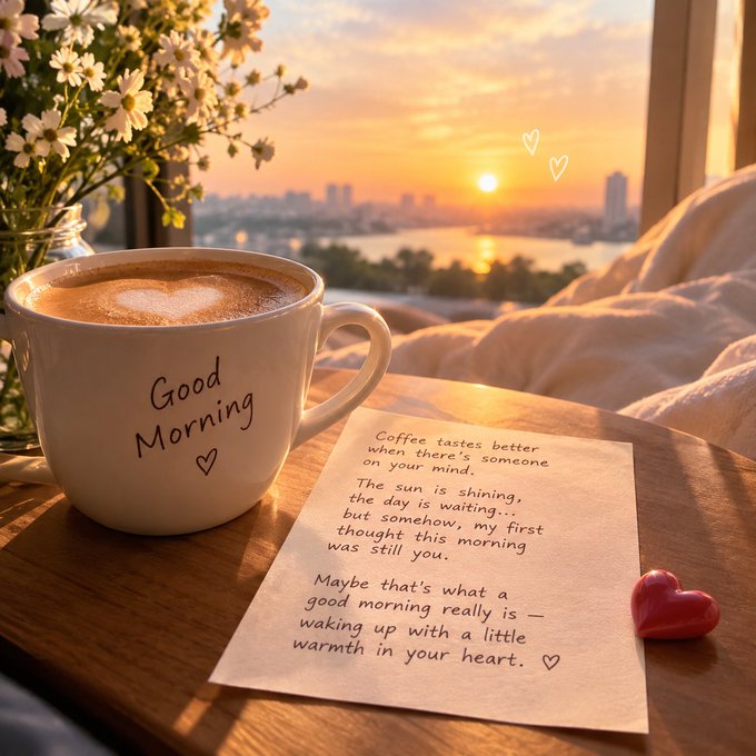 A 'Good Morning' themed image featuring a coffee mug with latte art, a handwritten-style note about morning thoughts, a small heart candy, and flowers with a sunrise city view in the background.