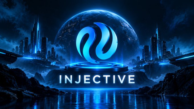 The image showcases the Injective blockchain brand with its stylized blue logo set against a futuristic cityscape and glowing globe, with the word "INJECTIVE" prominently displayed. This dramatic visual reinforces the post's claim that Injective "feels different" from other blockchain networks, using a cinematic, otherworldly aesthetic to set it apart from the homogeneous landscape of crypto projects.