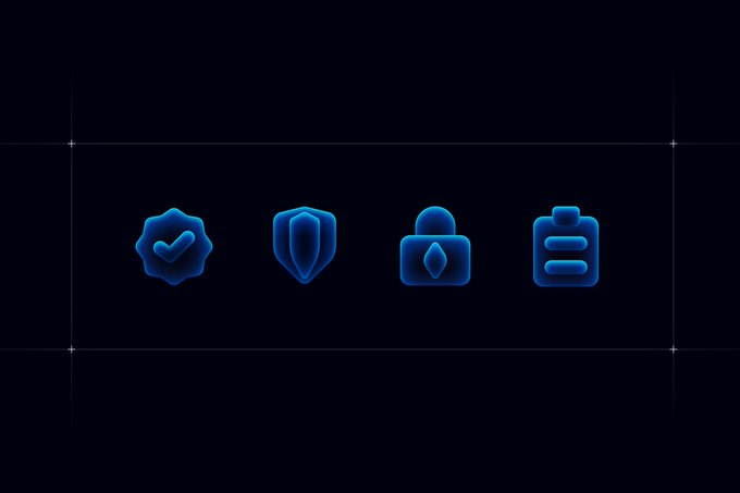 Four blue 3D icons displayed on a dark background: a checkmark seal, a shield, a padlock, and a battery.