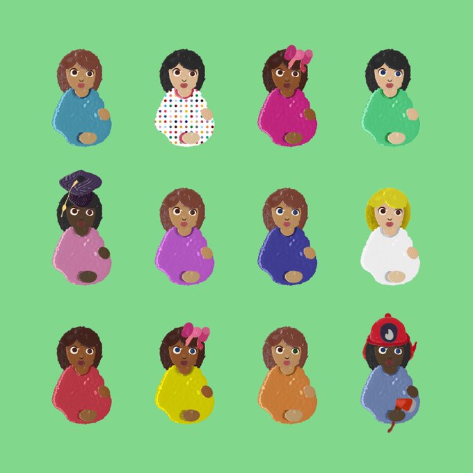 A grid of 12 illustrated figures of children with various skin tones, hairstyles, and outfits in bright colors against a green background.