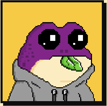 A pixel art character with a purple mask, large black eyes, green tongue sticking out, and a gray hoodie.