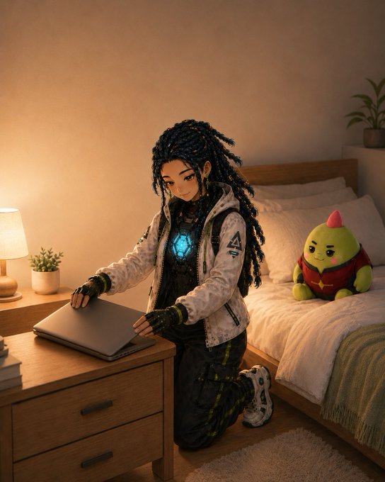 A stylized 3D illustration of a young woman with braided hair wearing a futuristic jacket with a glowing emblem, kneeling by a nightstand with a laptop while a cute green plush character sits on the bed behind her.