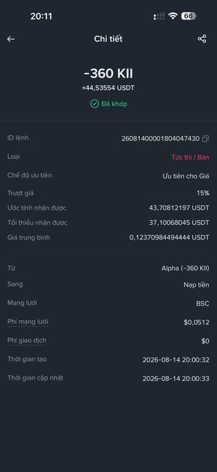 Mobile transaction details screen showing a sell order for -360 KII (+44.53554 USDT) with a 15% tax rate on the BSC network, dated 2026-08-14.