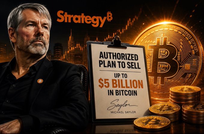 The image shows Michael Saylor, Executive Chairman of Strategy (ticker: MSTR), beside a clipboard reading "Authorized Plan to Sell Up to $5 Billion in Bitcoin" with his signature, set against a backdrop featuring a golden Bitcoin and a rising stock chart, visually reinforcing the announcement of Strategy's plan to sell up to $5 billion in Bitcoin.