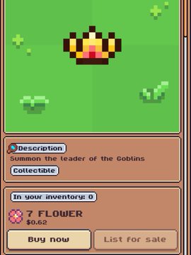 A pixel art collectible NFT card called '7 FLOWER' priced at $0.62, with description 'Summon the leader of the Goblins' and options to Buy now or List for sale.