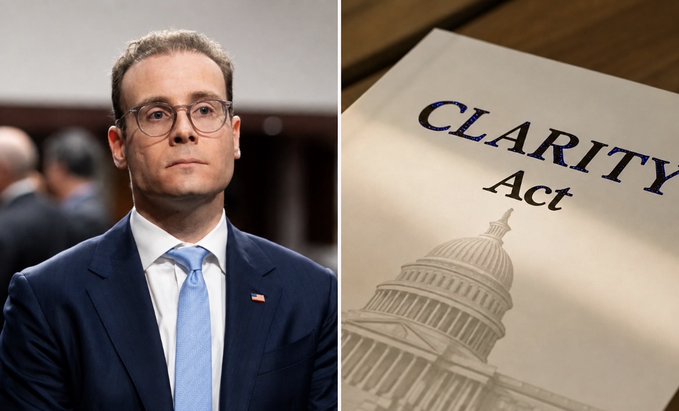 A man in a navy suit with glasses stands alongside a document titled "CLARITY Act" featuring an illustration of the U.S. Capitol dome, visually representing CFTC Chairman Mike Selig's commitment to advancing cryptocurrency regulation even if the bill fails to pass.