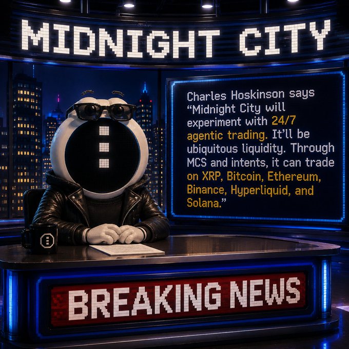 A news-style graphic titled 'MIDNIGHT CITY' features a figure with a spherical emoji-style head wearing sunglasses and a leather jacket at a 'BREAKING NEWS' desk. A screen displays a quote from Charles Hoskinson about Midnight City experimenting with '24/7 agentic trading' with 'ubiquitous liquidity' trading on 'XRP, Bitcoin, Ethereum, Binance, Hyperliquid, and Solana.'