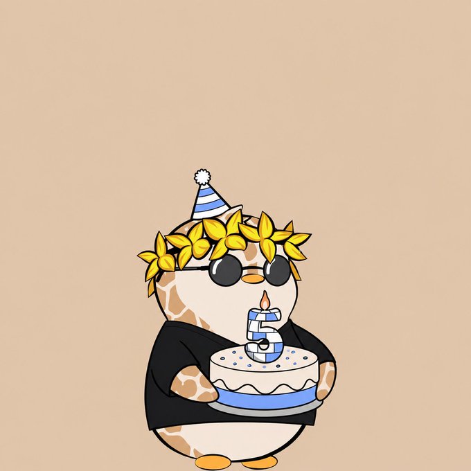 Cartoon illustration of a cute giraffe character wearing a sunflower crown, sunglasses, and a party hat, holding a birthday cake with a blue '5' shaped candle.