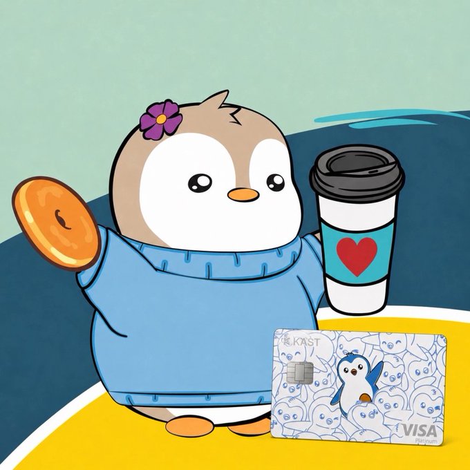 The image features a cartoon penguin standing next to a Visa credit card, holding both a coffee cup and a doughnut. The scene also includes a blue sweater with a heart design, suggesting that the penguin might be dressed for colder weather or as part of a themed event. The overall setting appears to be an indoor space where people gather around tables, possibly enjoying food and drinks while discussing financial matters.
