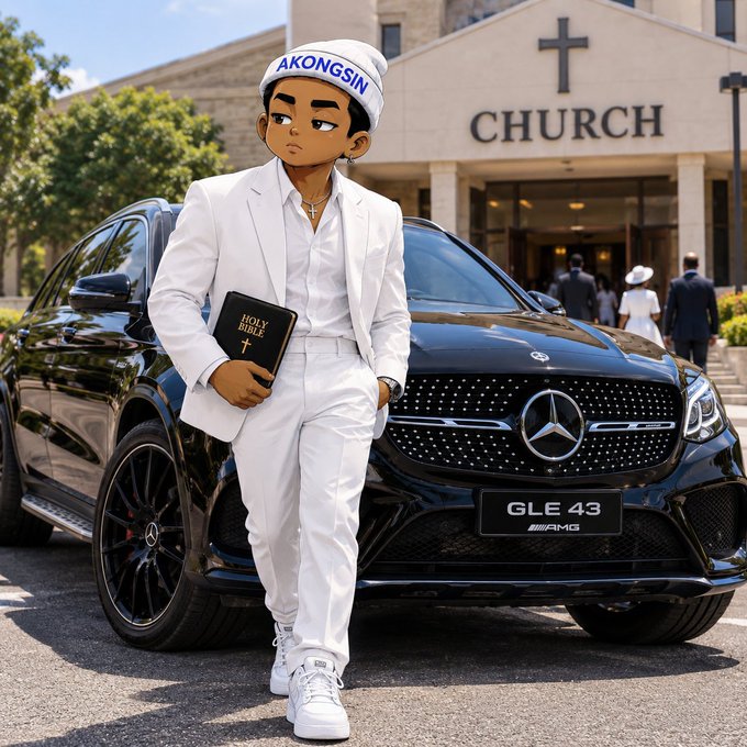 A cartoon-style character wearing a white suit and a beanie that says 'AKONGSIN' stands in front of a black Mercedes-Benz GLE 43 AMG, holding a 'HOLY BIBLE', with a church in the background.