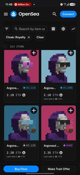 The OpenSea mobile app displays a marketplace listing for 'Cloak: Royalty' NFT items featuring pixel art astronaut characters, with prices listed in ETH.